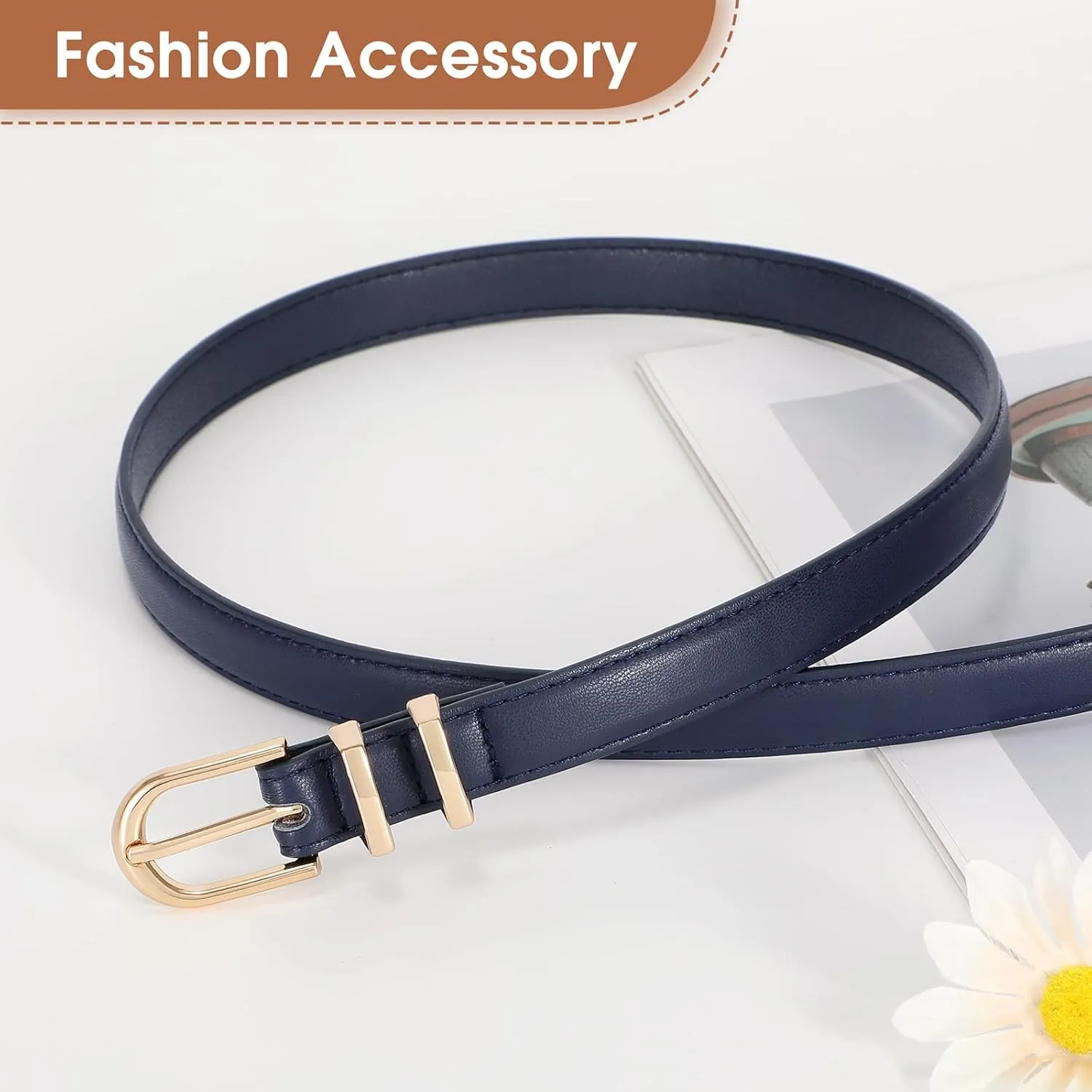 JASGOOD 2 Pack Womens Skinny Leather Belt Ladies Thin Faux Leather Belt with Gold/Silver Buckle for Jeans Dress Pants