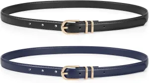 JASGOOD 2 Pack Womens Skinny Leather Belt Ladies Thin Faux Leather Belt with Gold/Silver Buckle for Jeans Dress Pants