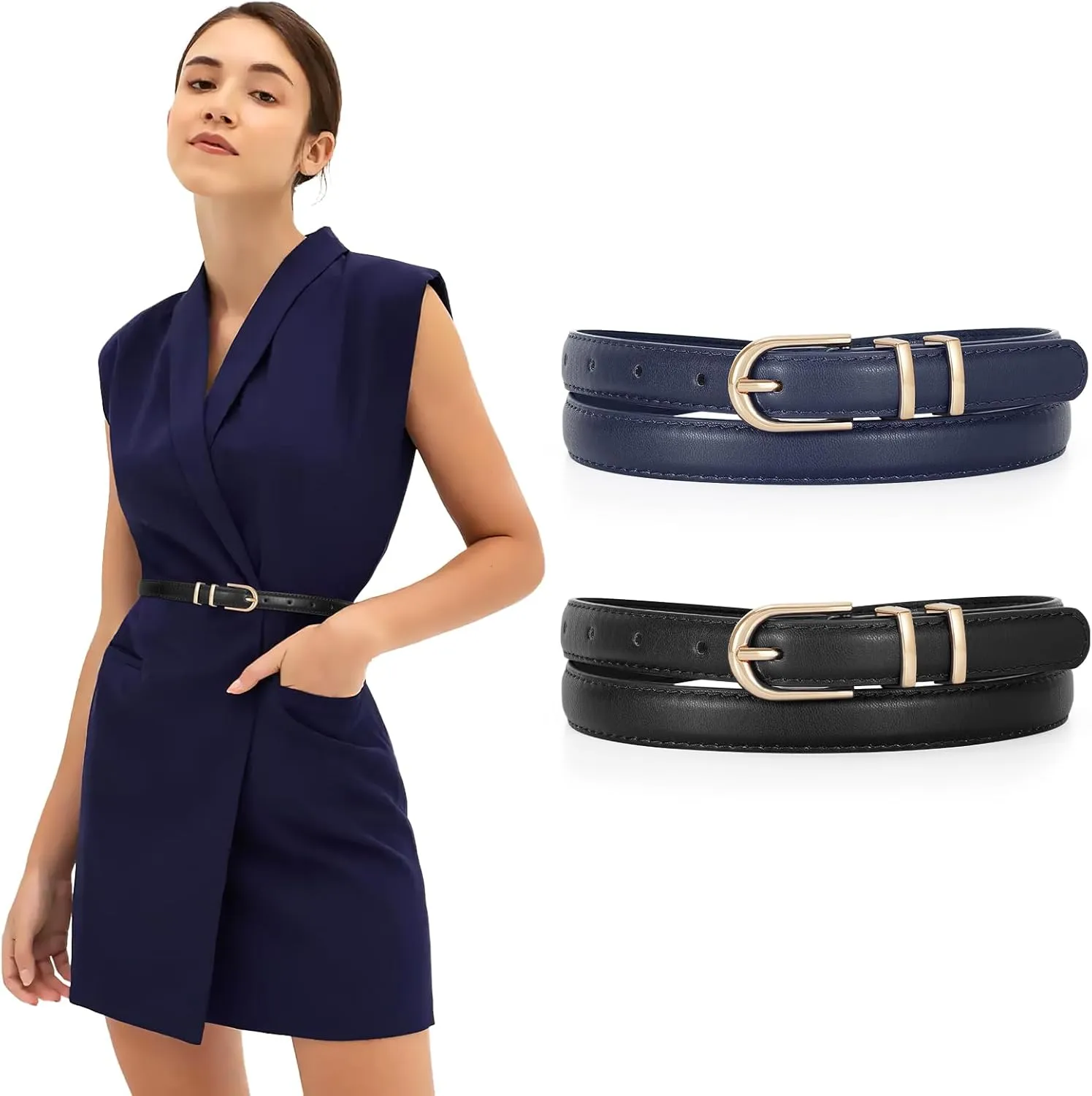 JASGOOD 2 Pack Womens Skinny Leather Belt Ladies Thin Faux Leather Belt with Gold/Silver Buckle for Jeans Dress Pants