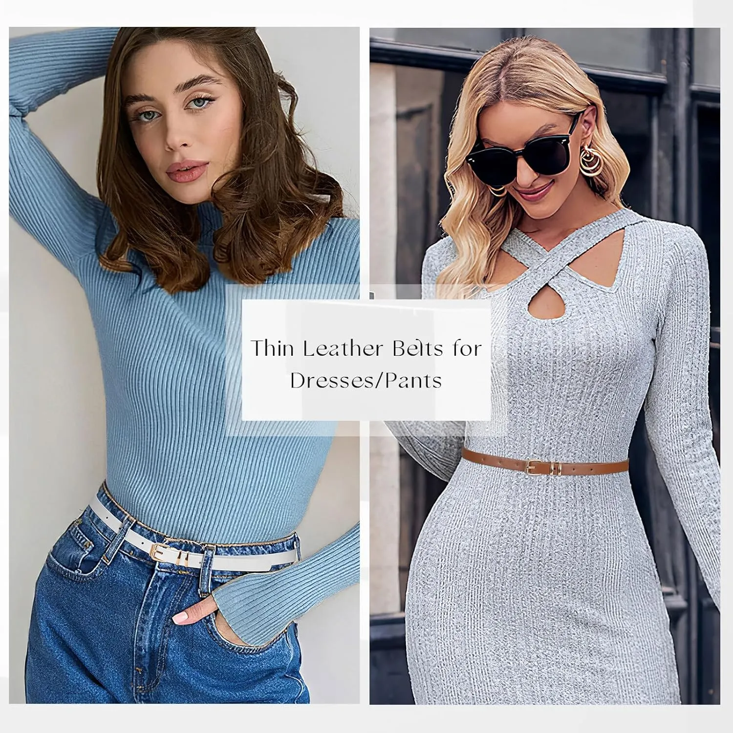 JASGOOD 4 Pack Skinny Women Leather Belt for Dresses Thin Waist Belt for Jeans Pants with Gold Buckle