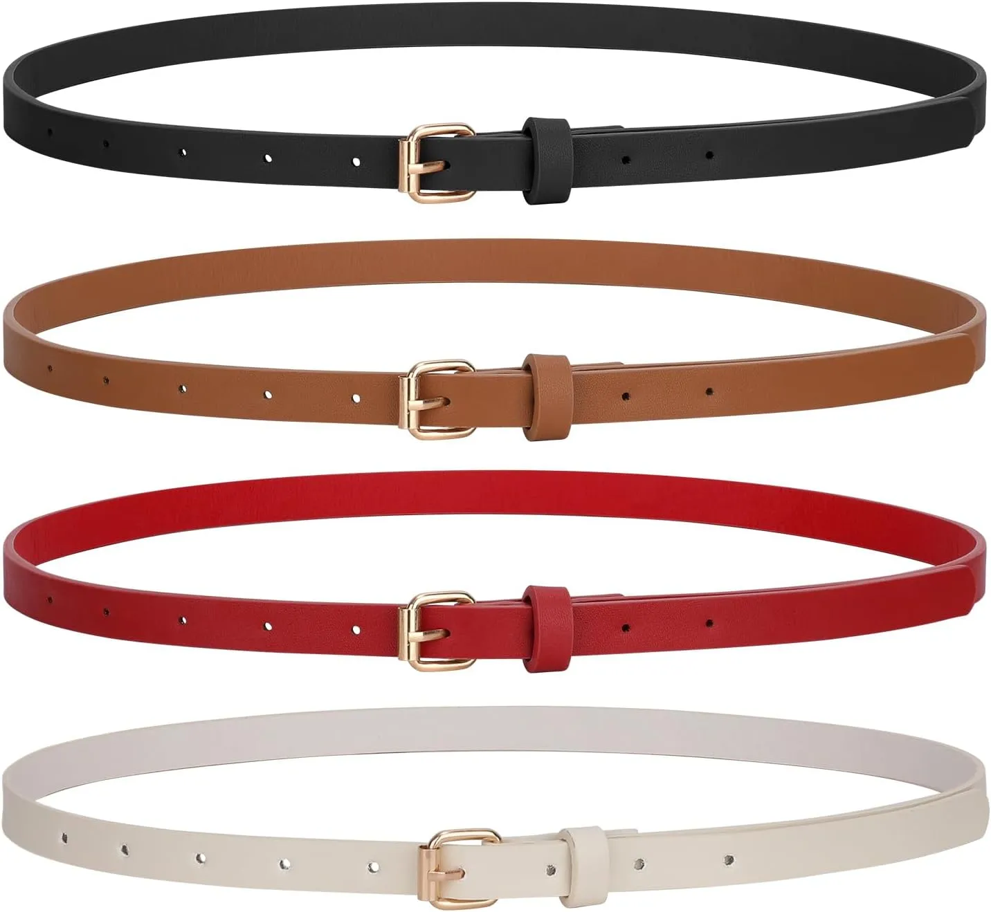 JASGOOD 4 Pack Skinny Women Leather Belt for Dresses Thin Waist Belt for Jeans Pants with Gold Buckle