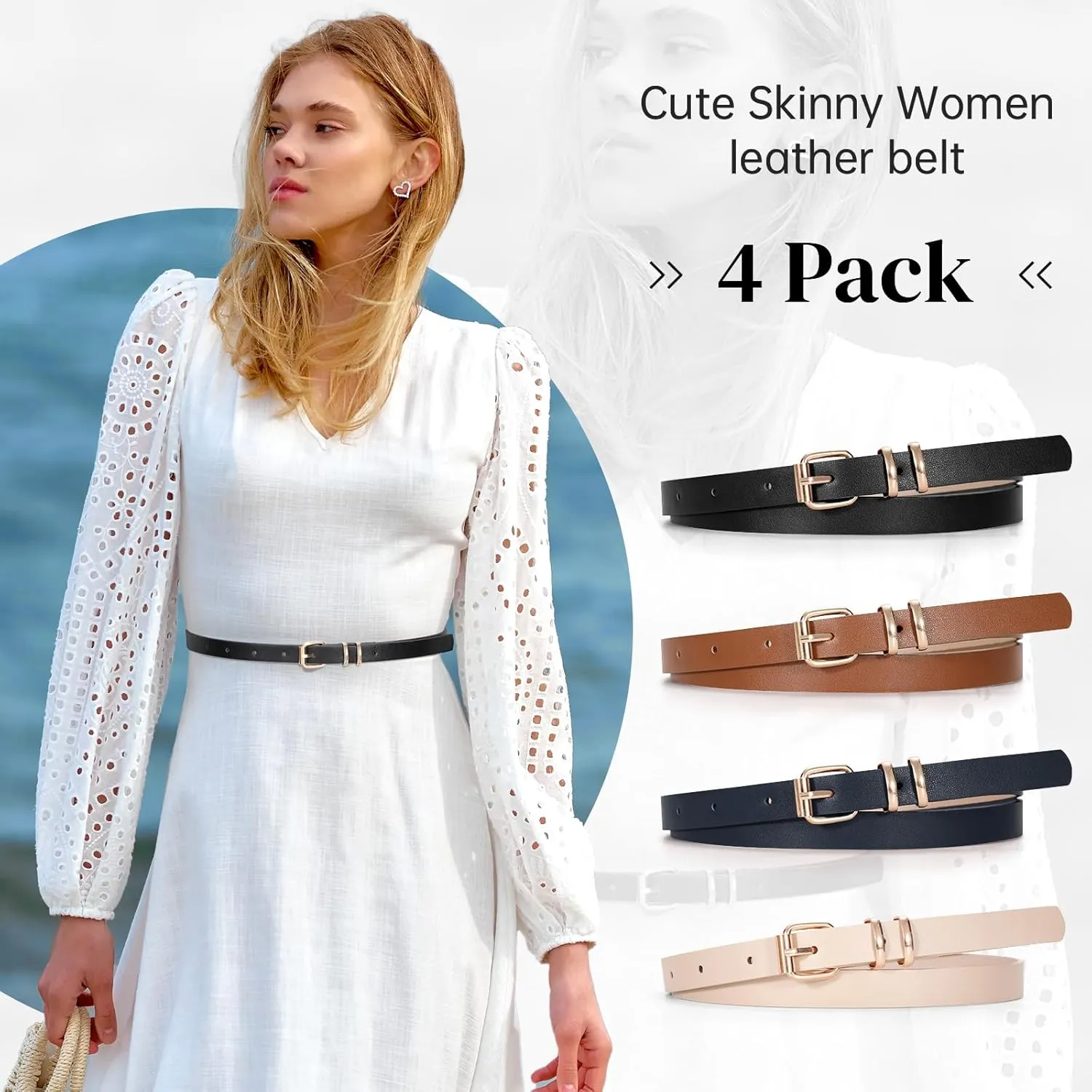 JASGOOD 4 Pack Skinny Women Leather Belt for Dresses Thin Waist Belt for Jeans Pants with Gold Buckle