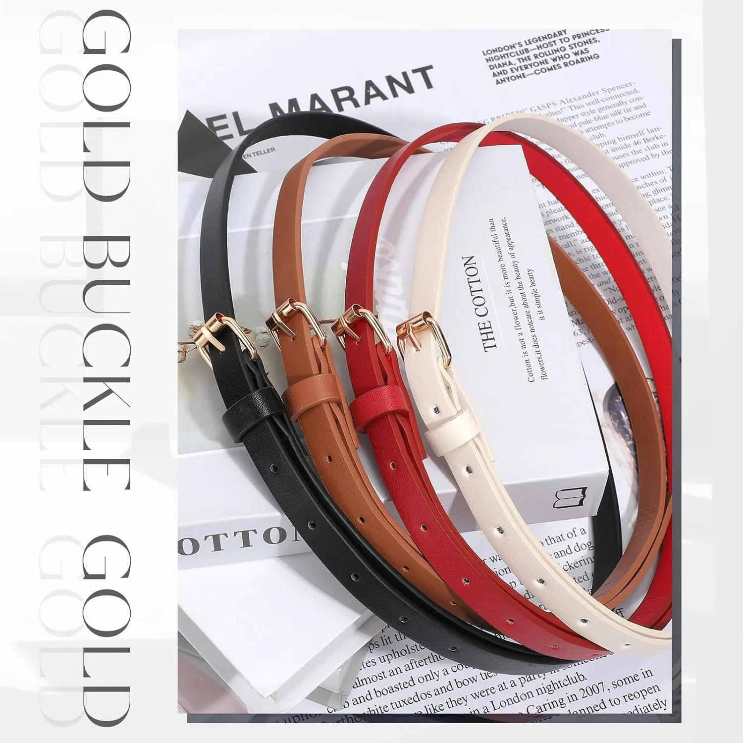 JASGOOD 4 Pack Skinny Women Leather Belt for Dresses Thin Waist Belt for Jeans Pants with Gold Buckle