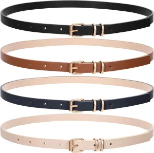 JASGOOD 4 Pack Skinny Women Leather Belt for Dresses Thin Waist Belt for Jeans Pants with Gold Buckle