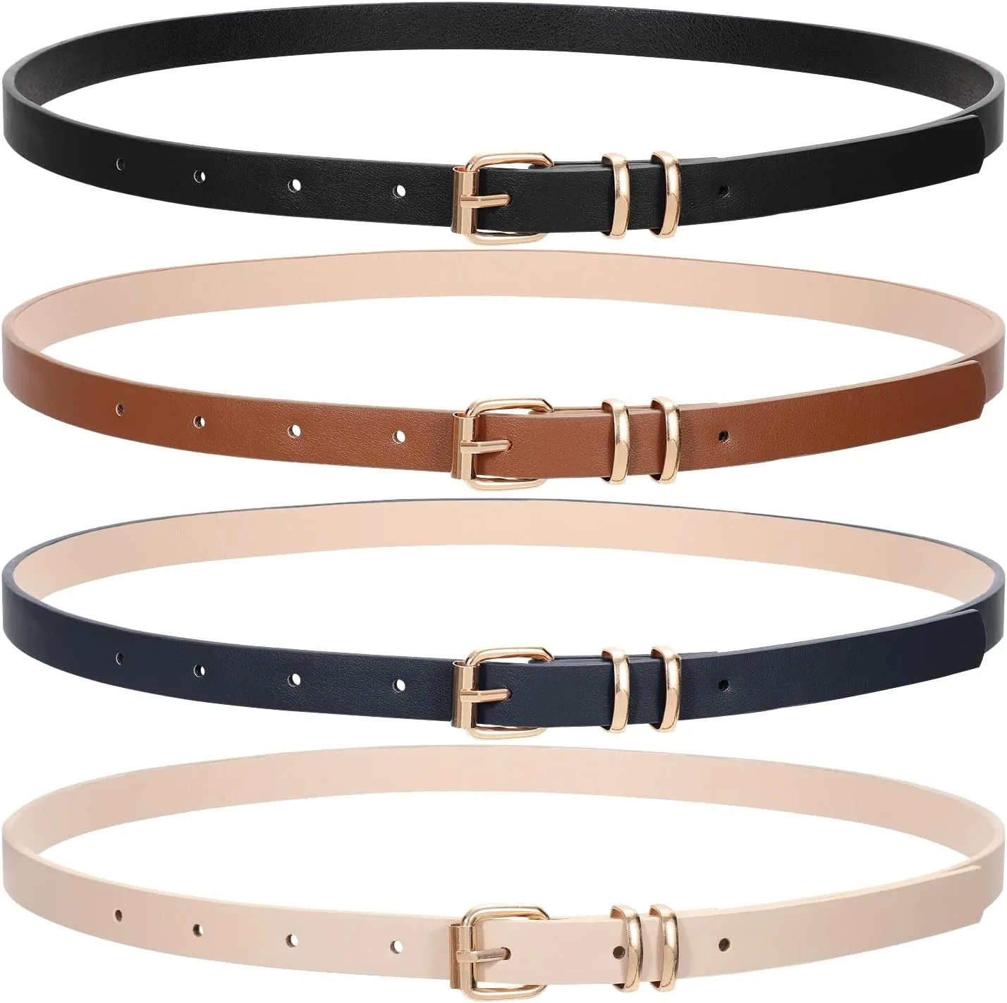 JASGOOD 4 Pack Skinny Women Leather Belt for Dresses Thin Waist Belt for Jeans Pants with Gold Buckle