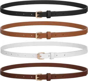 JASGOOD 4 Pack Skinny Women Leather Belt for Dresses Thin Waist Belt for Jeans Pants with Gold Buckle
