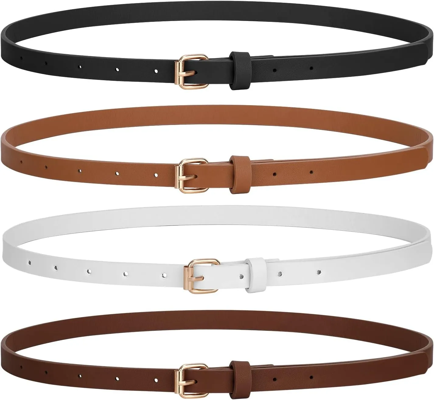 JASGOOD 4 Pack Skinny Women Leather Belt for Dresses Thin Waist Belt for Jeans Pants with Gold Buckle