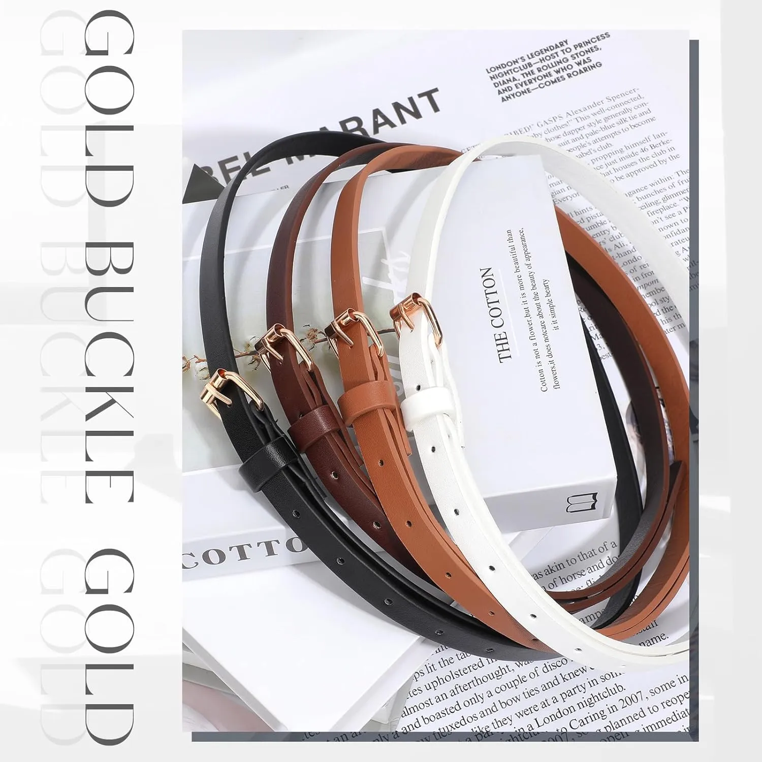JASGOOD 4 Pack Skinny Women Leather Belt for Dresses Thin Waist Belt for Jeans Pants with Gold Buckle