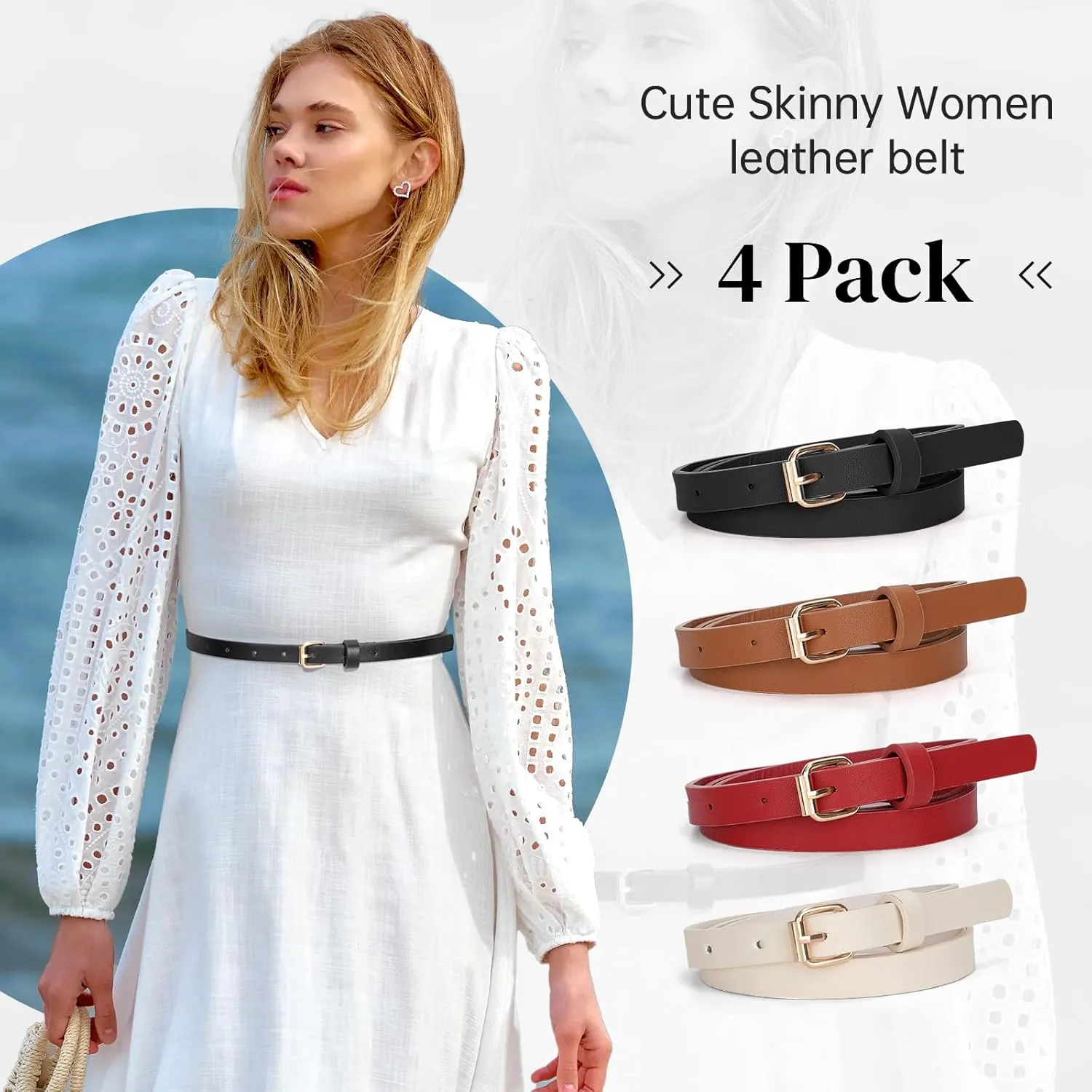 JASGOOD 4 Pack Skinny Women Leather Belt for Dresses Thin Waist Belt for Jeans Pants with Gold Buckle