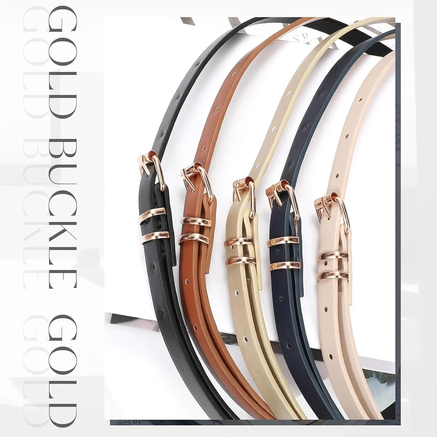 JASGOOD 4 Pack Skinny Women Leather Belt for Dresses Thin Waist Belt for Jeans Pants with Gold Buckle