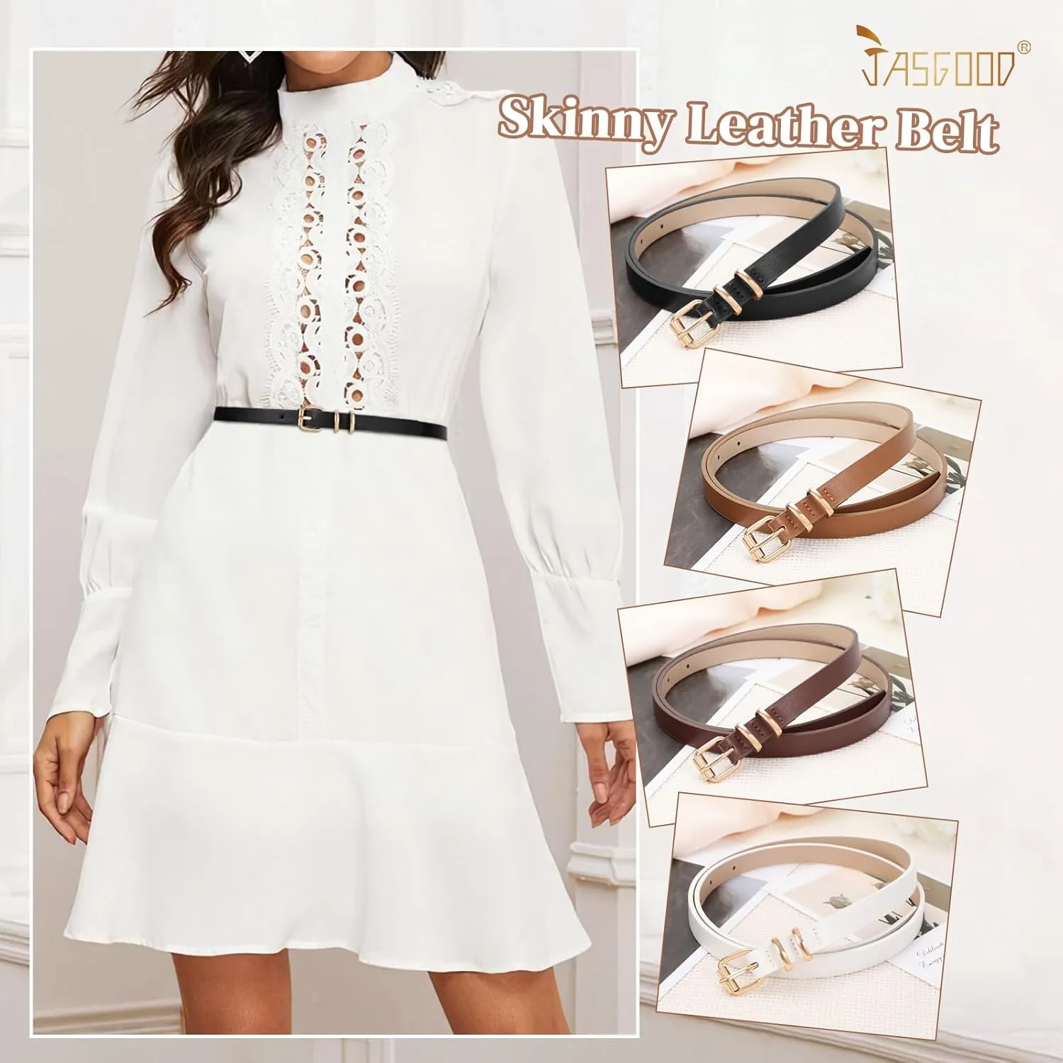 JASGOOD Women Skinny Leather Belt for Pants Jeans Ladies Thin Waist Belt for Dress