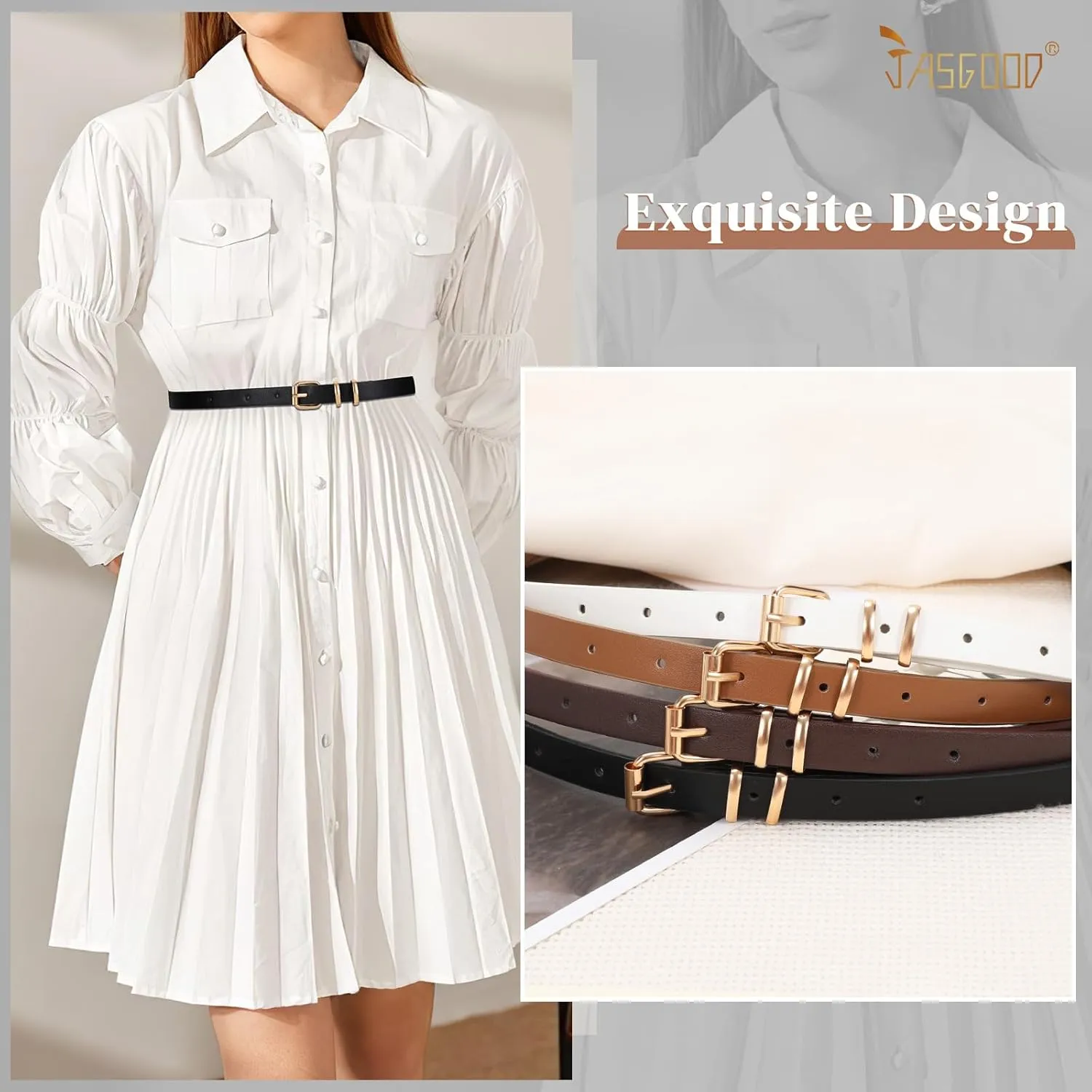 JASGOOD Women Skinny Leather Belt for Pants Jeans Ladies Thin Waist Belt for Dress