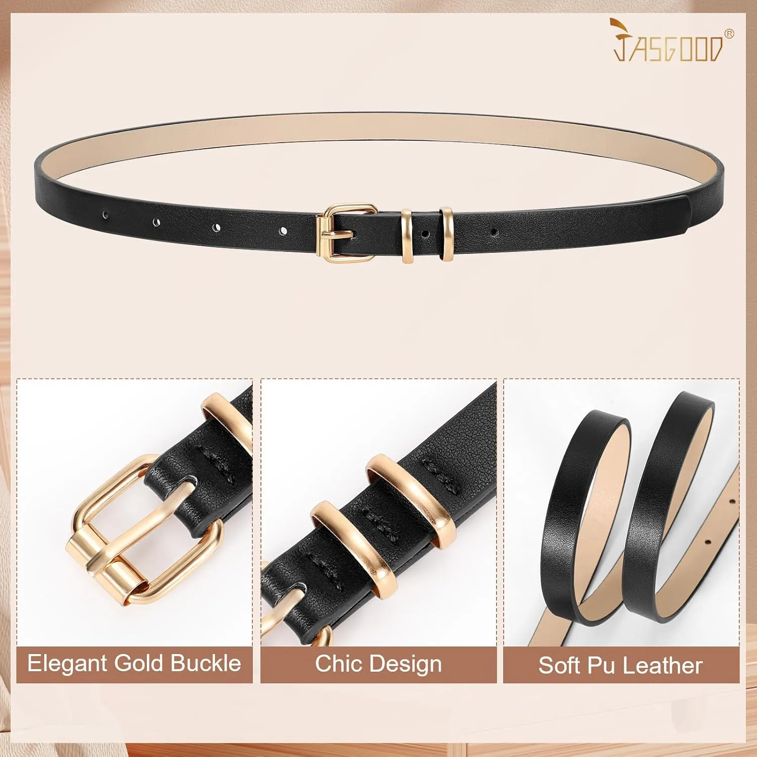 JASGOOD Women Skinny Leather Belt for Pants Jeans Ladies Thin Waist Belt for Dress