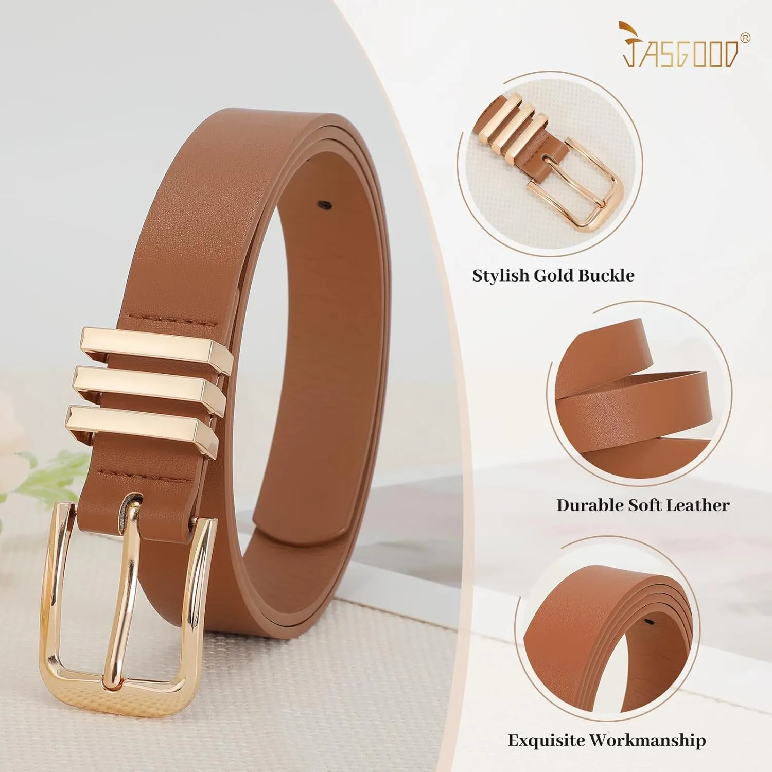 JASGOOD Women's Leather Belt Ladies Fashion Gold Buckle Belt for Jeans Pants Dress