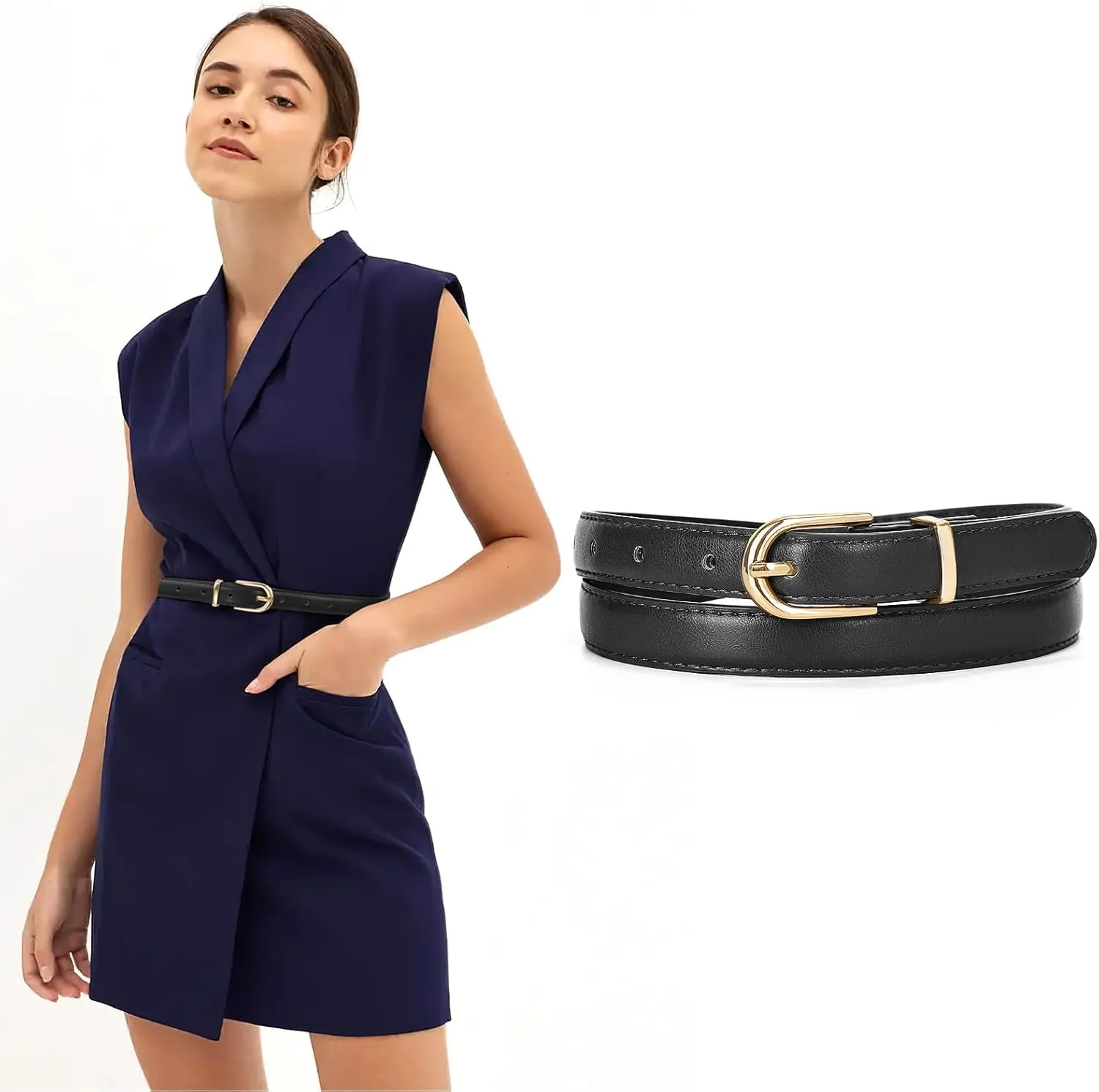 JASGOOD Womens Skinny Leather Belt Ladies Thin Faux Leather Belt with Gold/Silver Buckle for Jeans Dress Pants