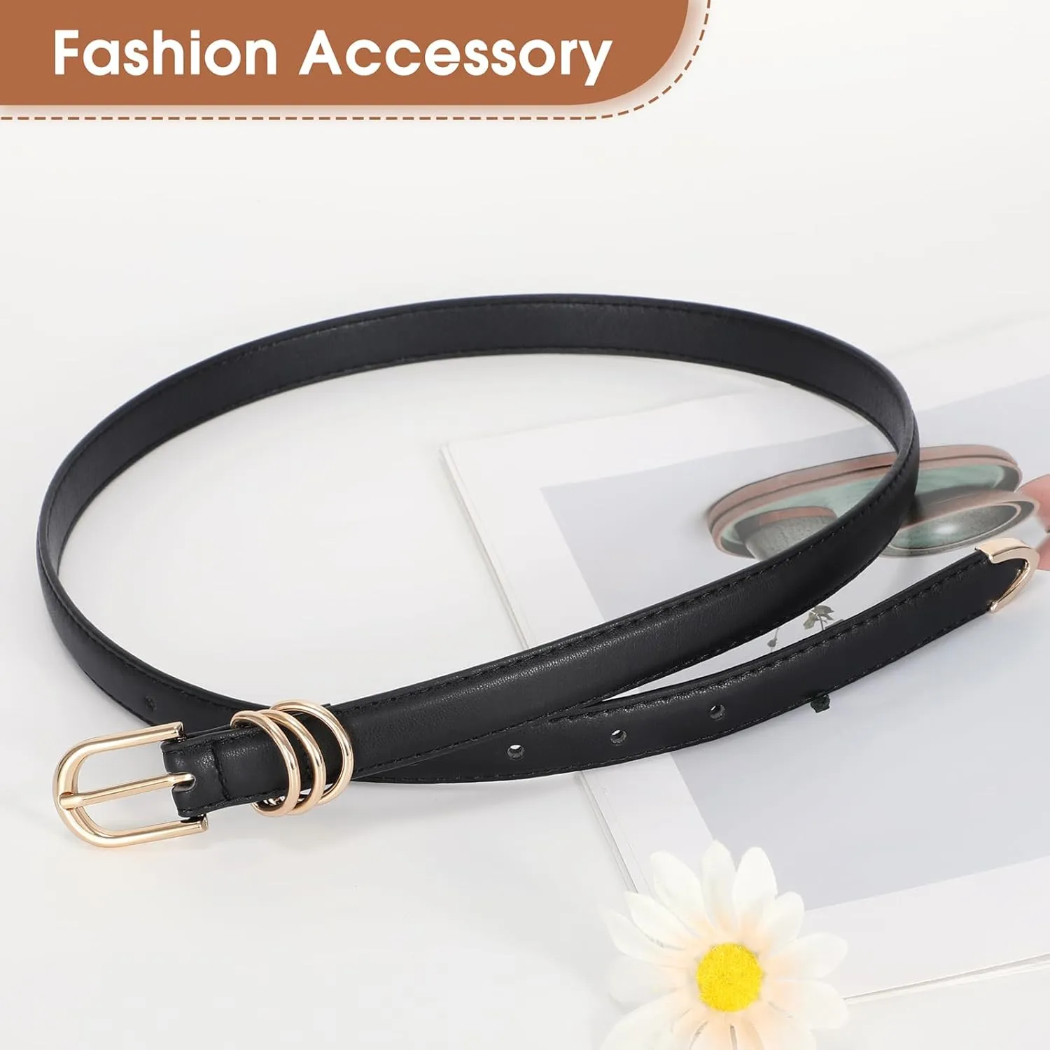 JASGOOD Womens Skinny Leather Belt Ladies Thin Faux Leather Belt with Gold/Silver Buckle for Jeans Dress Pants