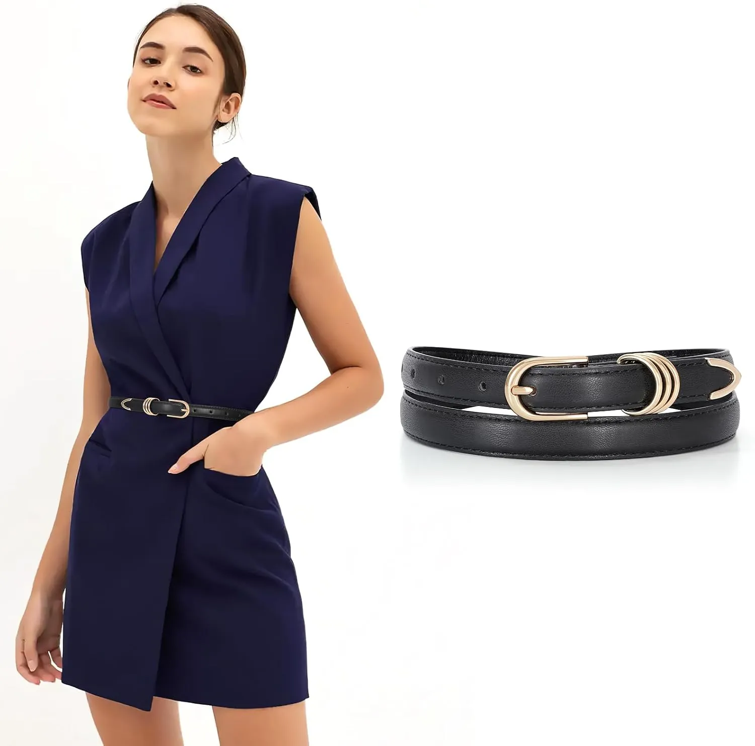 JASGOOD Womens Skinny Leather Belt Ladies Thin Faux Leather Belt with Gold/Silver Buckle for Jeans Dress Pants