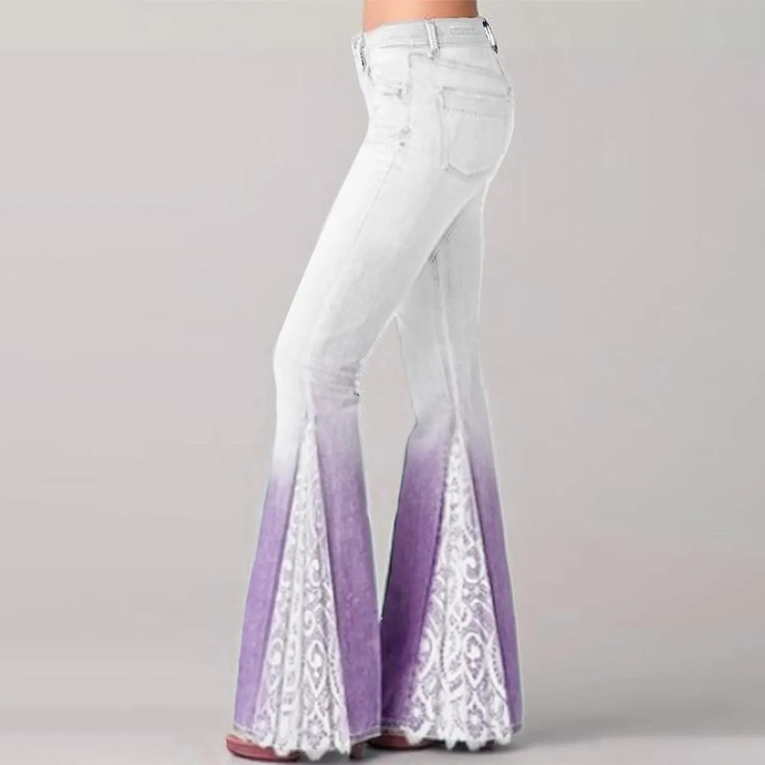 Jeans for Women Trendy Gradient Bell Bottom Jeans Casual High Waisted Lace Flared Jean Skinny Denim Pants