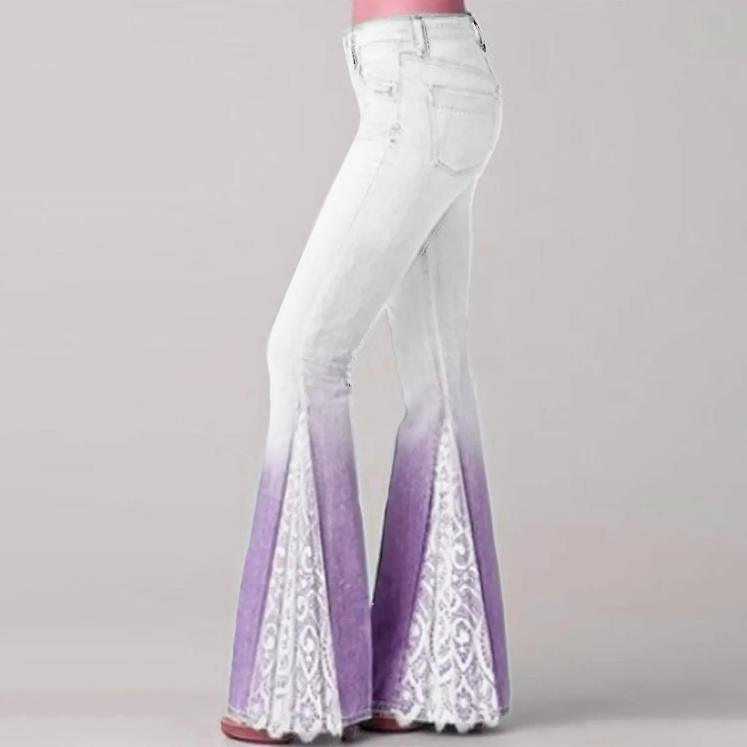 Jeans for Women Trendy Gradient Bell Bottom Jeans Casual High Waisted Lace Flared Jean Skinny Denim Pants