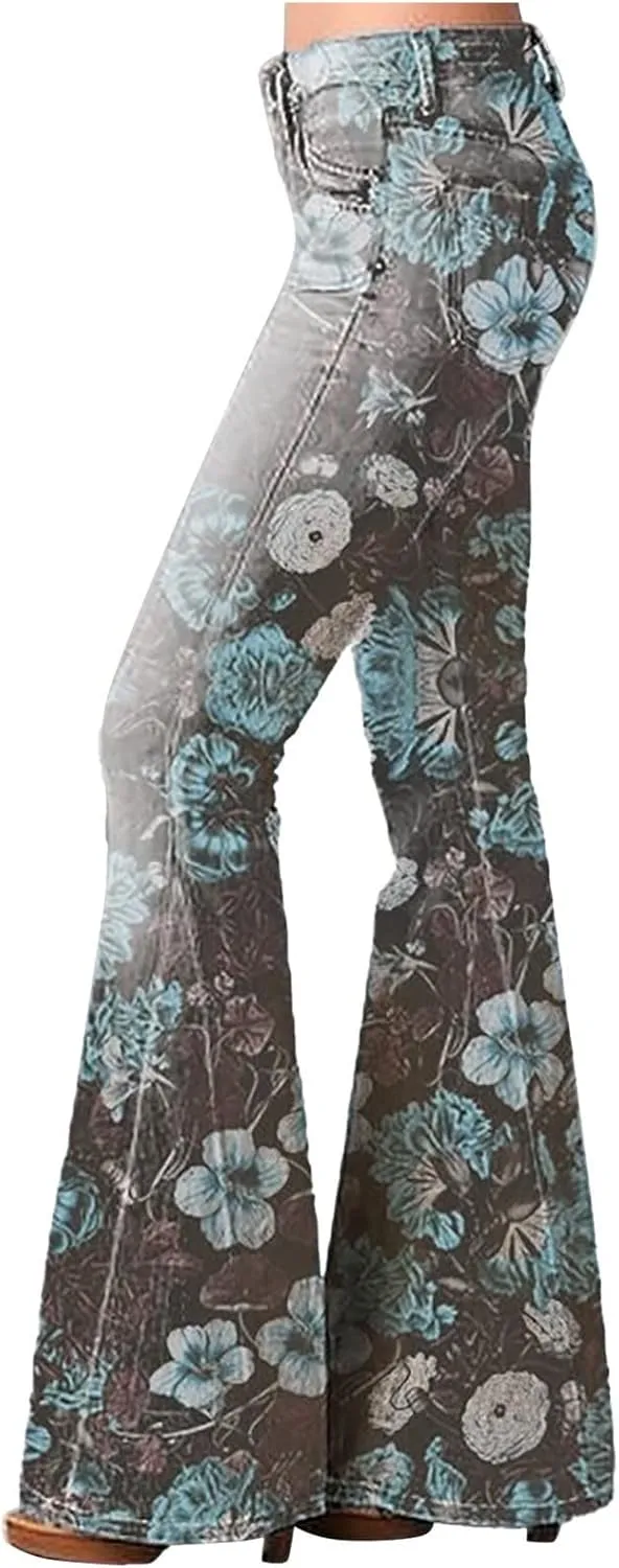 Jeans for Women Trendy Gradient Bell Bottom Jeans Casual High Waisted Lace Flared Jean Skinny Denim Pants