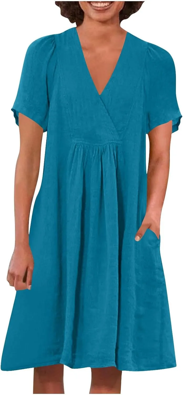 JOAU Women Cotton Linen T Shirt Dress Summer Fashion Wrap V Neck Short Sleeve Knee Length Casual Pleated Dresses with Pockets
