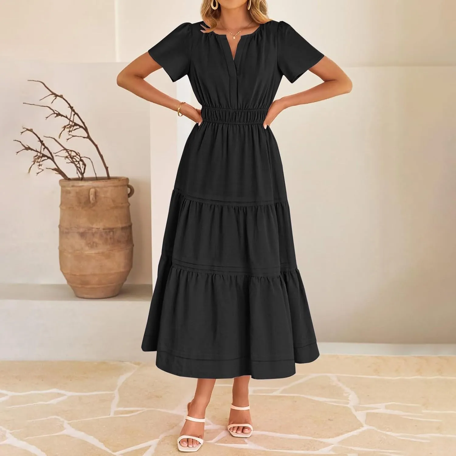 JOAU Women's 2025 Summer Boho Maxi Dress Notched V Neck Short Sleeve Flowy A Line Tiered Ruffle Beach Vacation Long Dresses