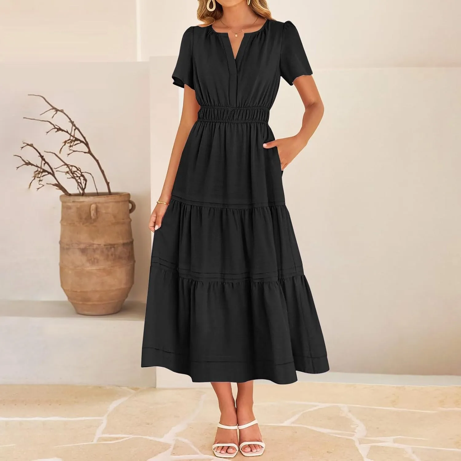 JOAU Women's 2025 Summer Boho Maxi Dress Notched V Neck Short Sleeve Flowy A Line Tiered Ruffle Beach Vacation Long Dresses