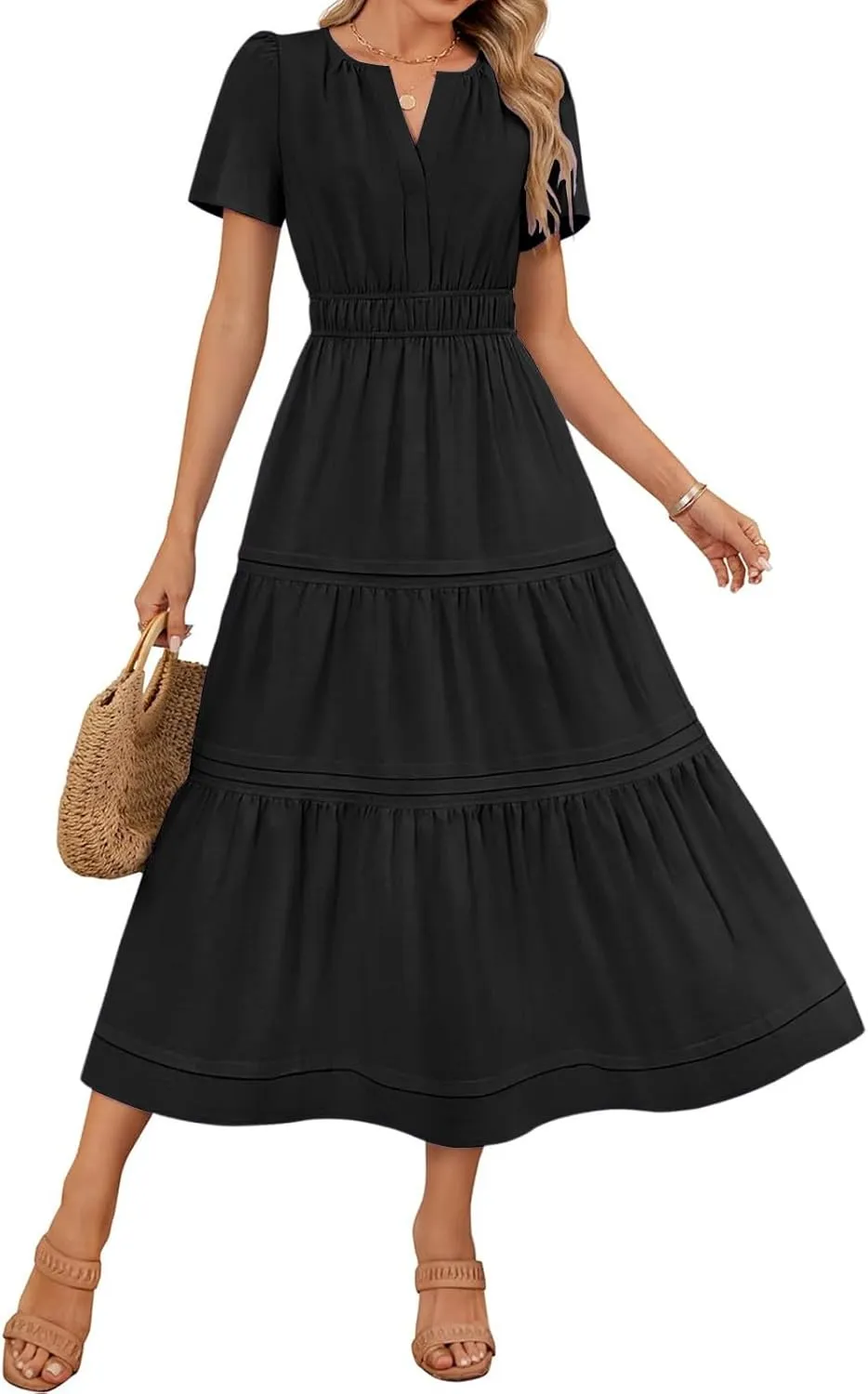 JOAU Women's 2025 Summer Boho Maxi Dress Notched V Neck Short Sleeve Flowy A Line Tiered Ruffle Beach Vacation Long Dresses