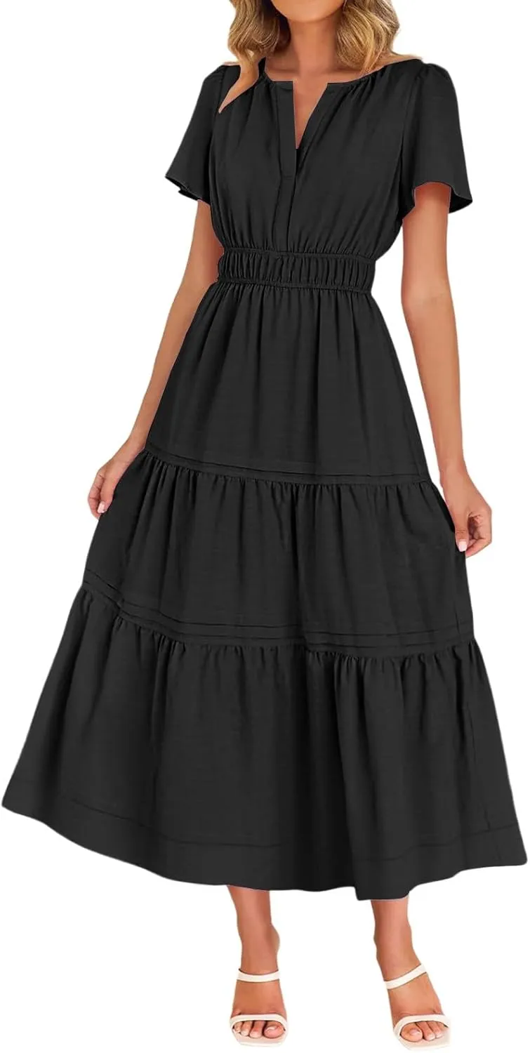 JOAU Women's 2025 Summer Boho Maxi Dress Notched V Neck Short Sleeve Flowy A Line Tiered Ruffle Beach Vacation Long Dresses