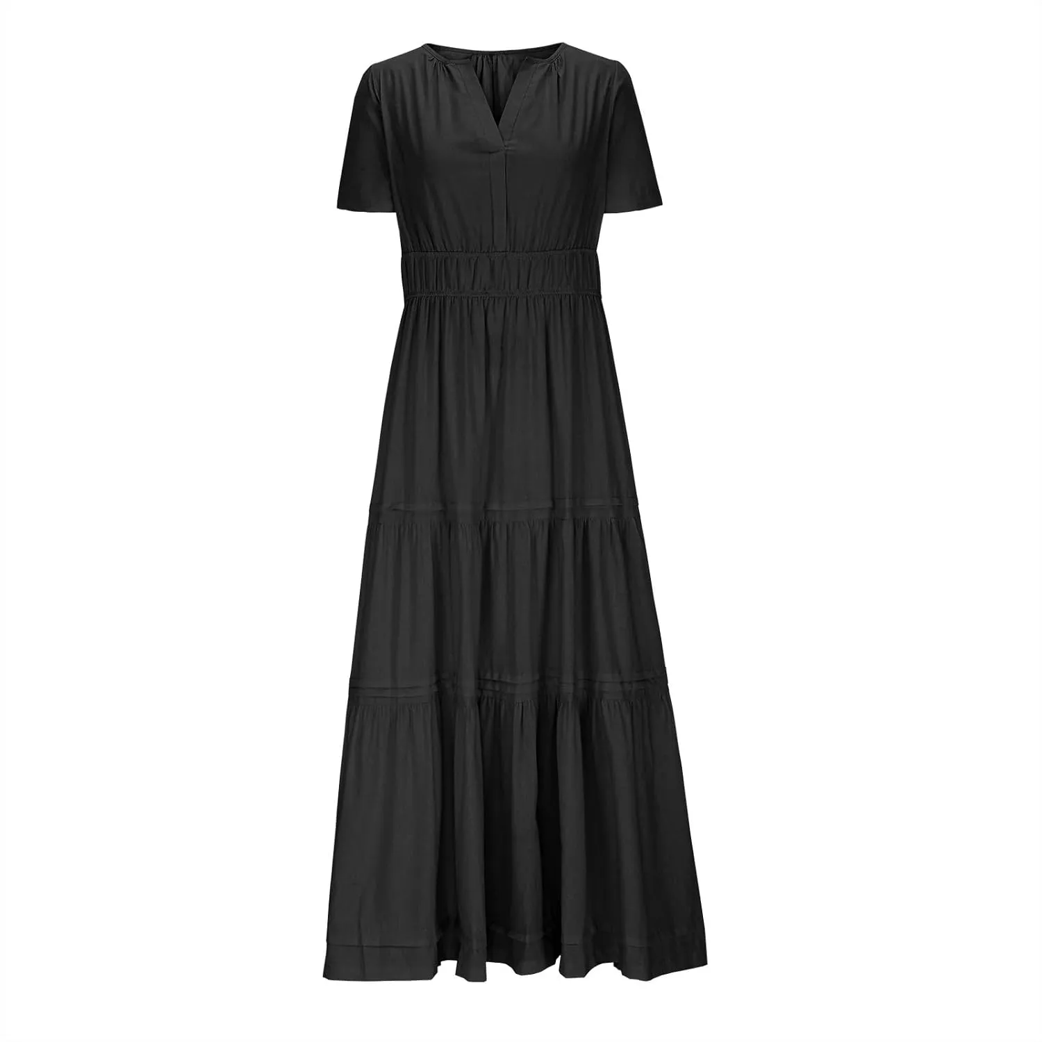 JOAU Women's 2025 Summer Boho Maxi Dress Notched V Neck Short Sleeve Flowy A Line Tiered Ruffle Beach Vacation Long Dresses