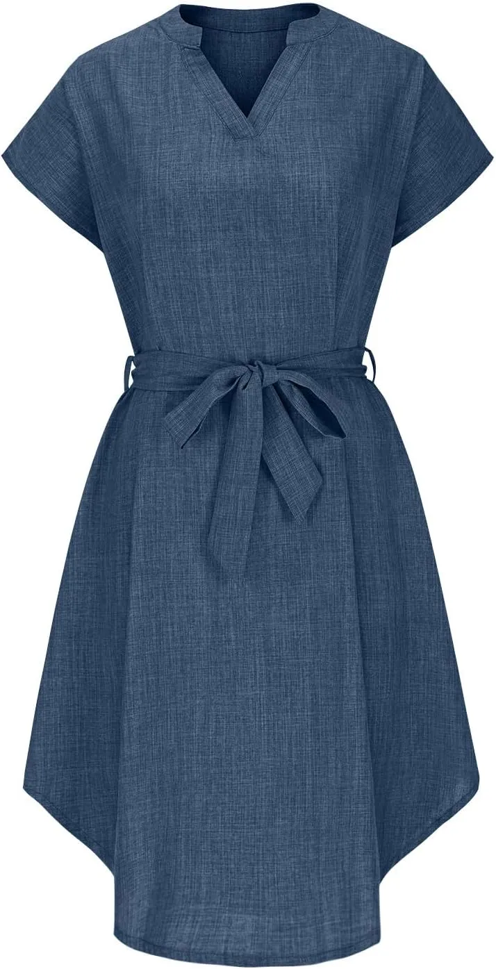 JOAU Women's 2025 Summer Shirt Dress Short Sleeve V Neck A Line Belted Dresses Casual Loose Beach Vacation Work Midi Dress