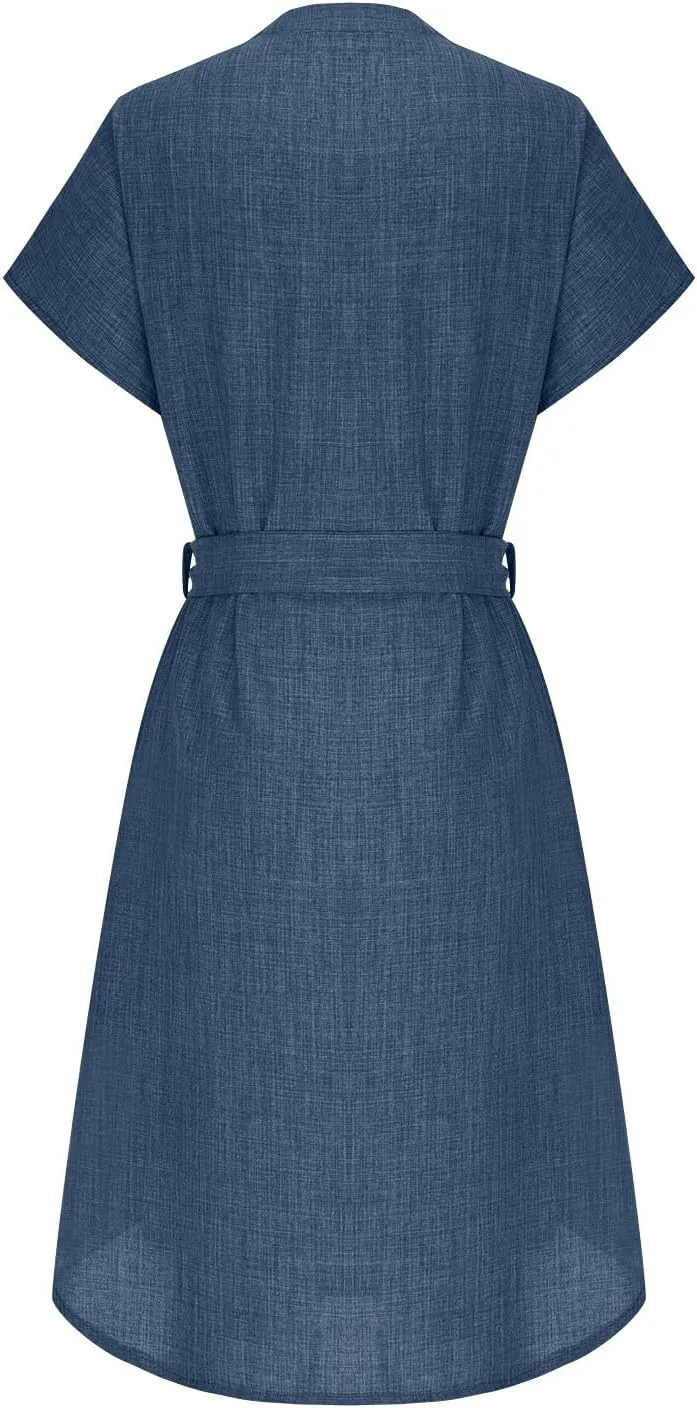 JOAU Women's 2025 Summer Shirt Dress Short Sleeve V Neck A Line Belted Dresses Casual Loose Beach Vacation Work Midi Dress