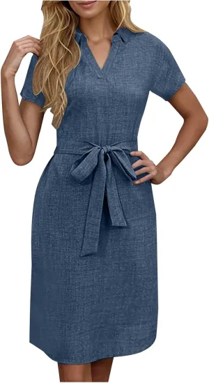 JOAU Women's 2025 Summer Shirt Dress Short Sleeve V Neck A Line Belted Dresses Casual Loose Beach Vacation Work Midi Dress