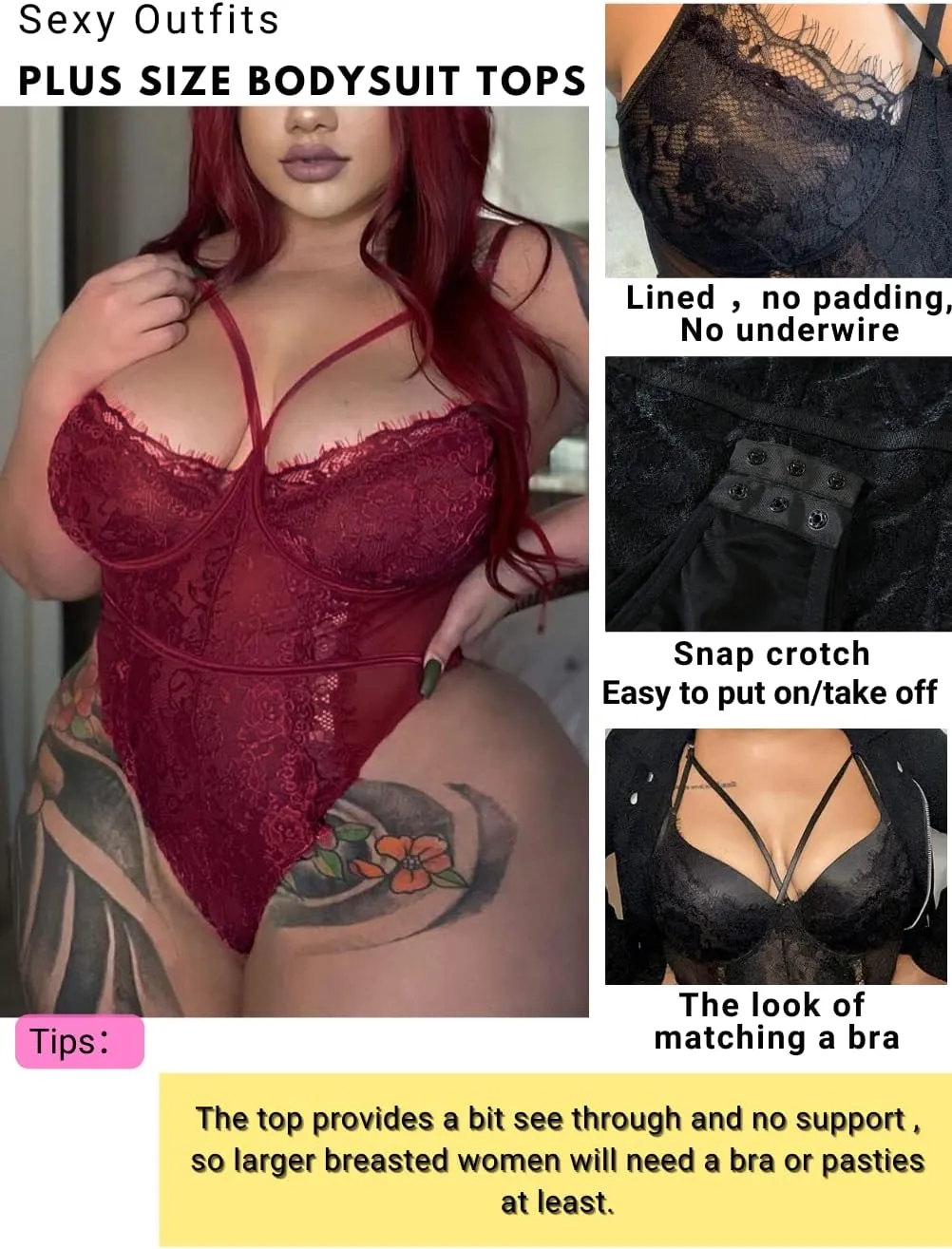 Kaei&Shi Plus Size Eyelash Lace Bodysuit, Snap Crotch Sexy Top Lingerie, Club Outfit
