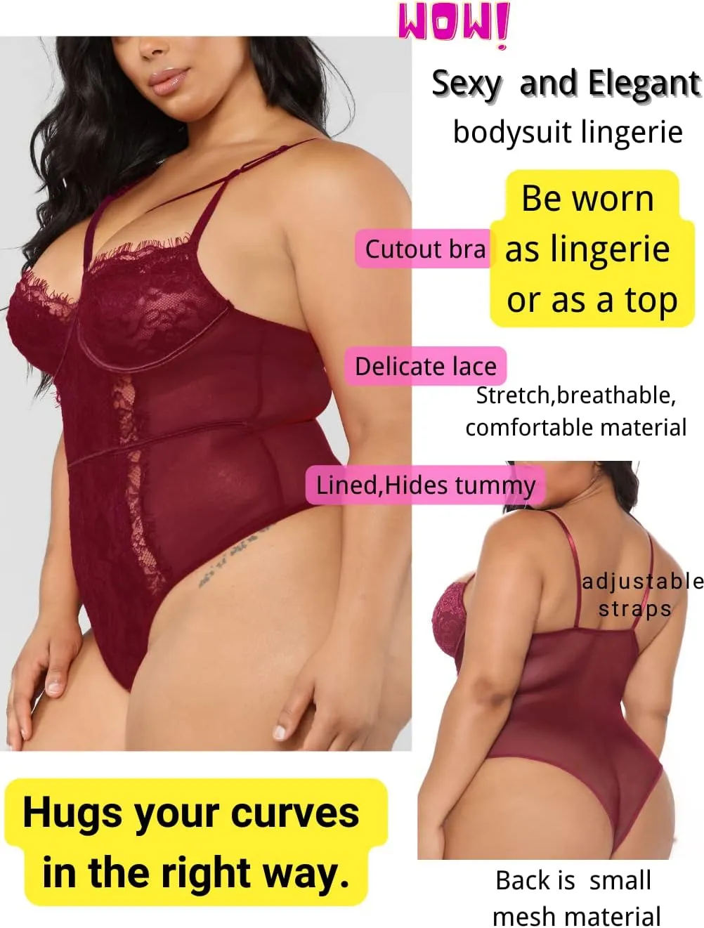 Kaei&Shi Plus Size Eyelash Lace Bodysuit, Snap Crotch Sexy Top Lingerie, Club Outfit