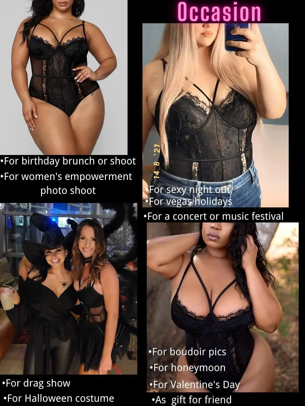 Kaei&Shi Plus Size Eyelash Lace Bodysuit, Snap Crotch Sexy Top Lingerie, Club Outfit
