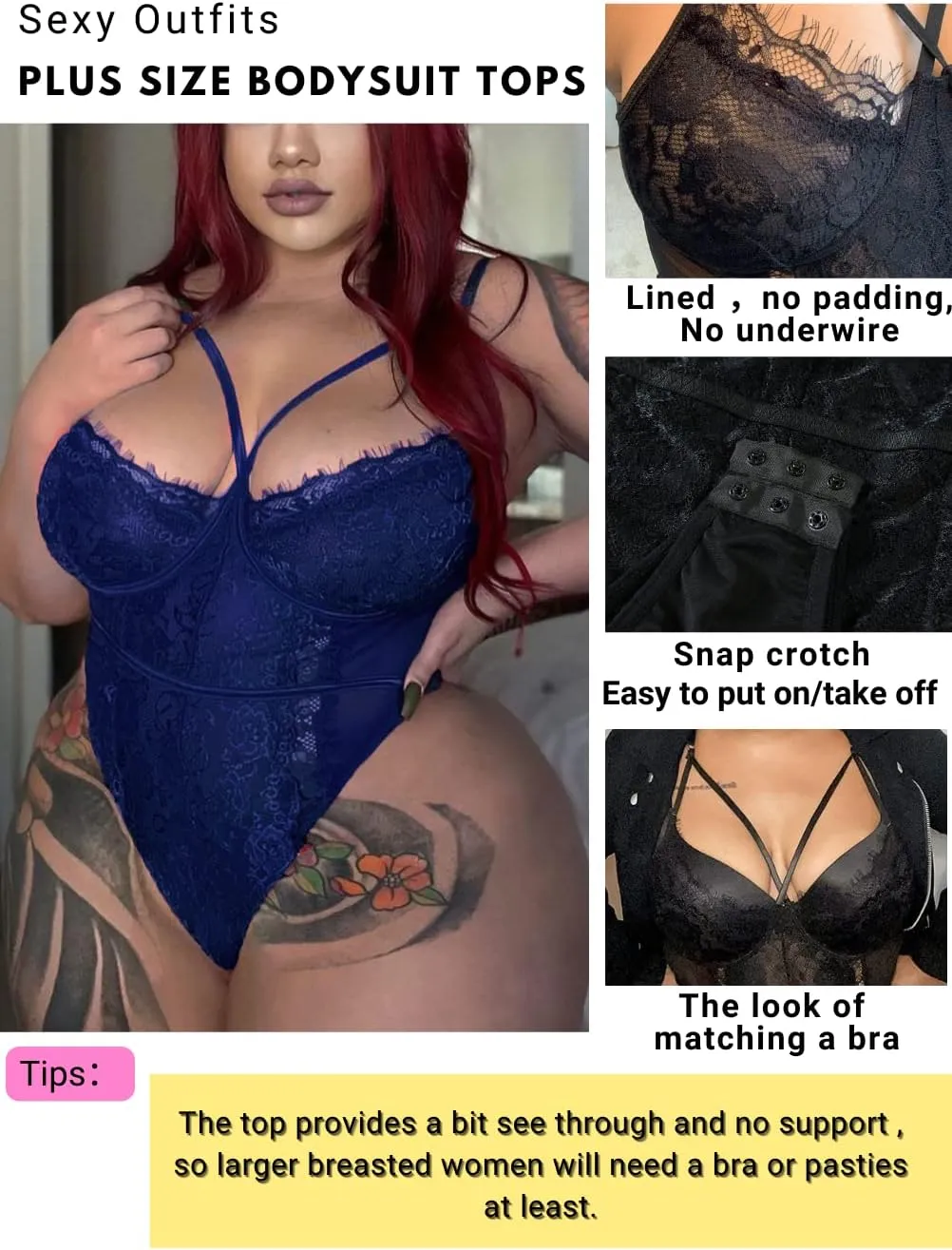 Kaei&Shi Plus Size Eyelash Lace Bodysuit, Snap Crotch Sexy Top Lingerie, Club Outfit