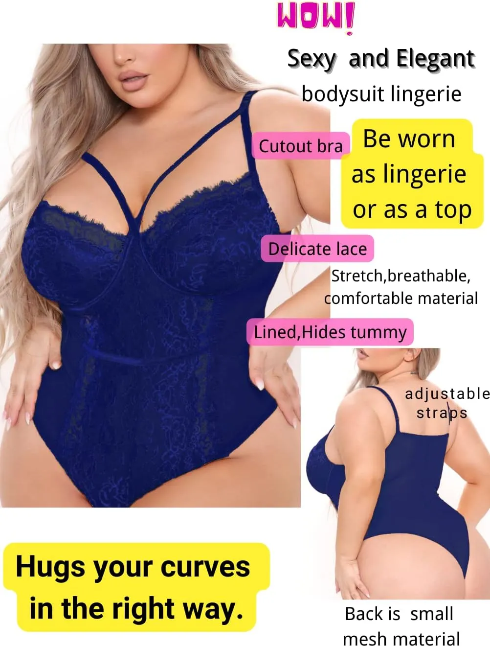 Kaei&Shi Plus Size Eyelash Lace Bodysuit, Snap Crotch Sexy Top Lingerie, Club Outfit