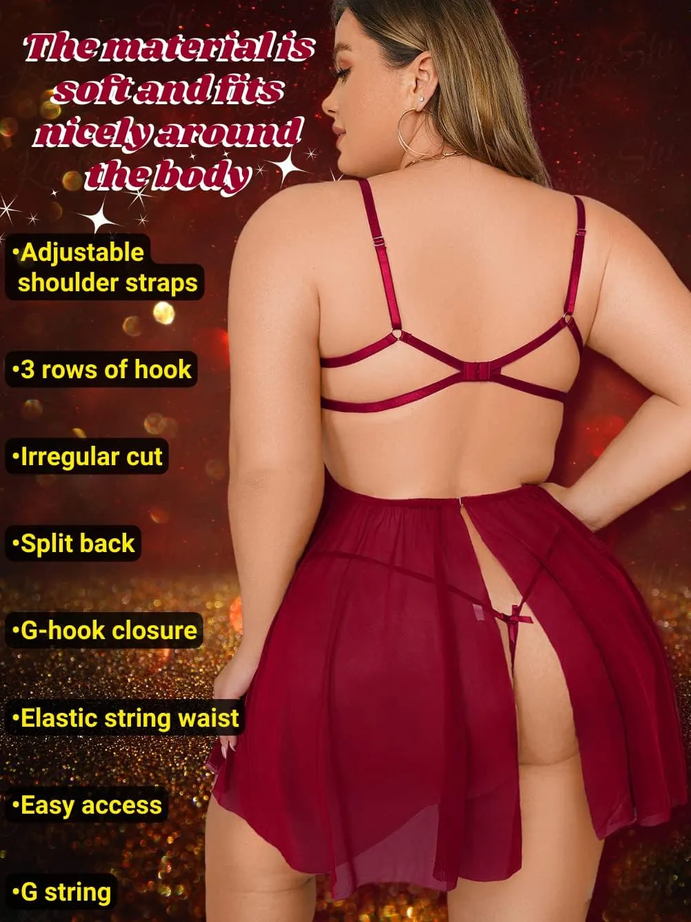 Kaei&Shi Unwrap Me Ribbon, Split Back, Flowy Gifts, 2PC Plus Size Lingerie