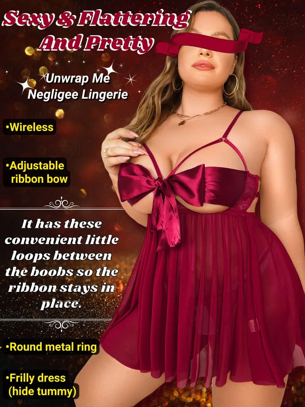 Kaei&Shi Unwrap Me Ribbon, Split Back, Flowy Gifts, 2PC Plus Size Lingerie