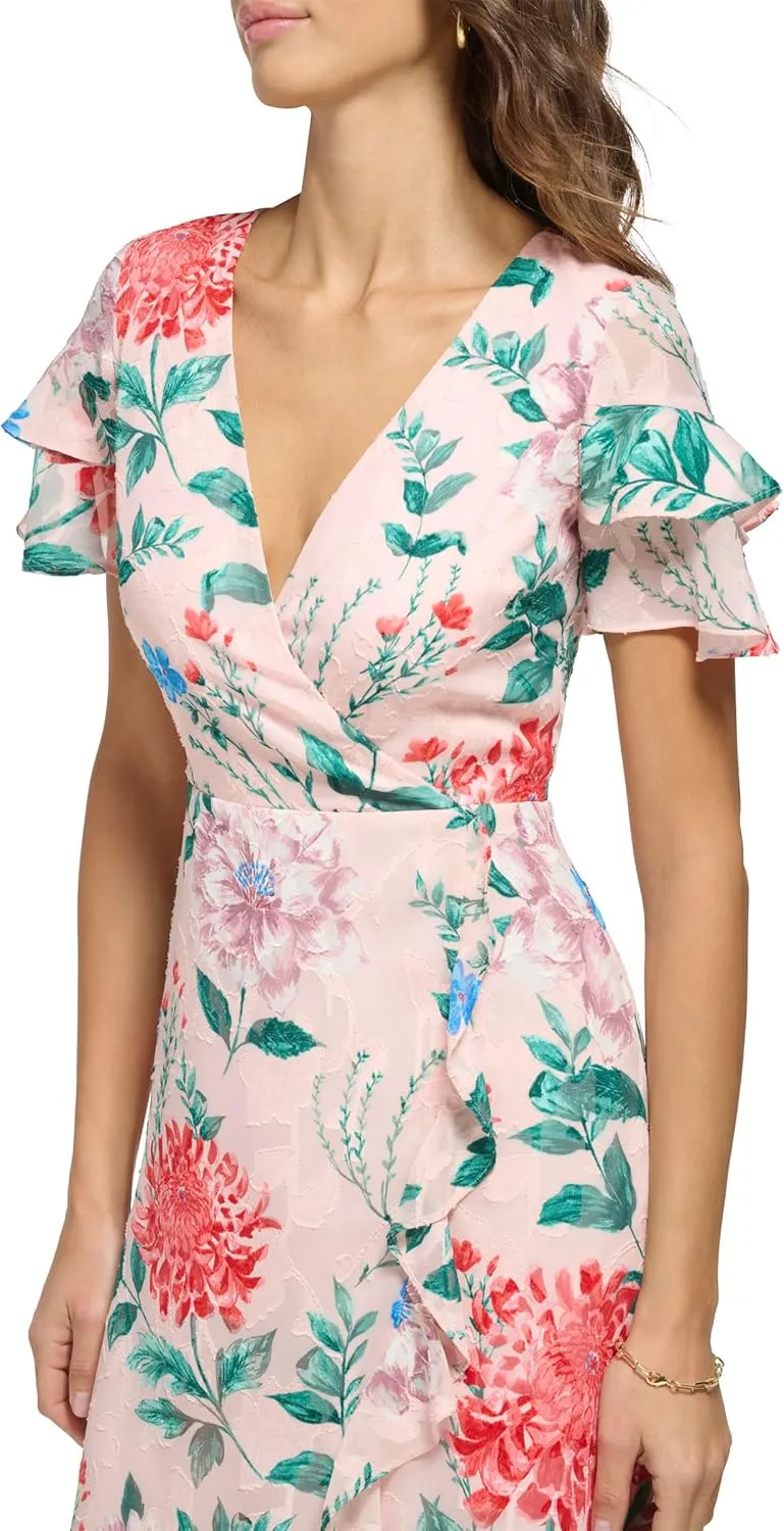 kensie Women's Short Flutter Sleeve Faux Wrap Midi Dress