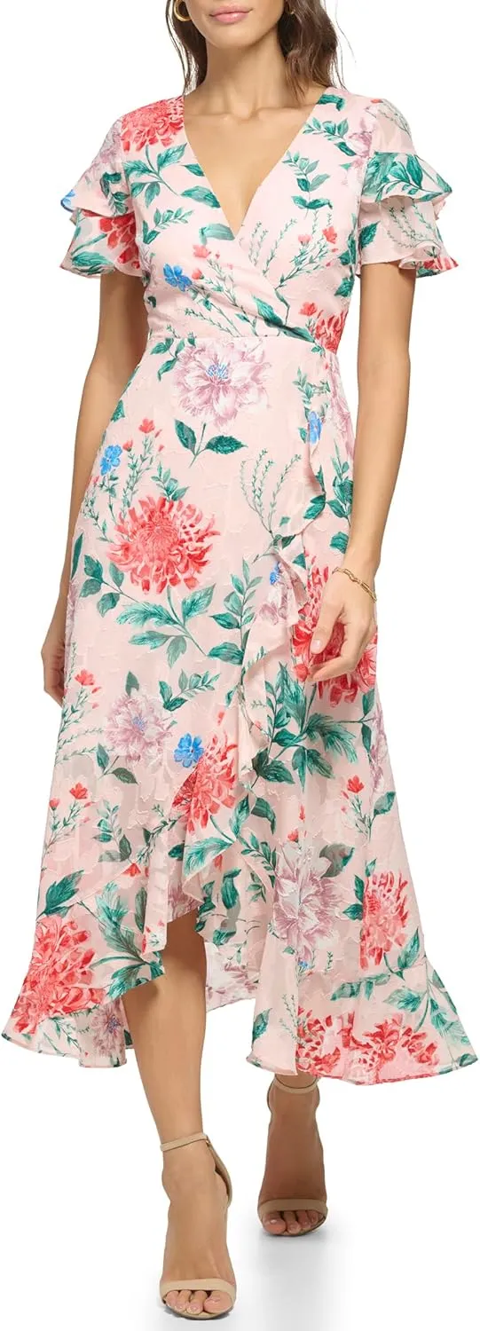 kensie Women's Short Flutter Sleeve Faux Wrap Midi Dress