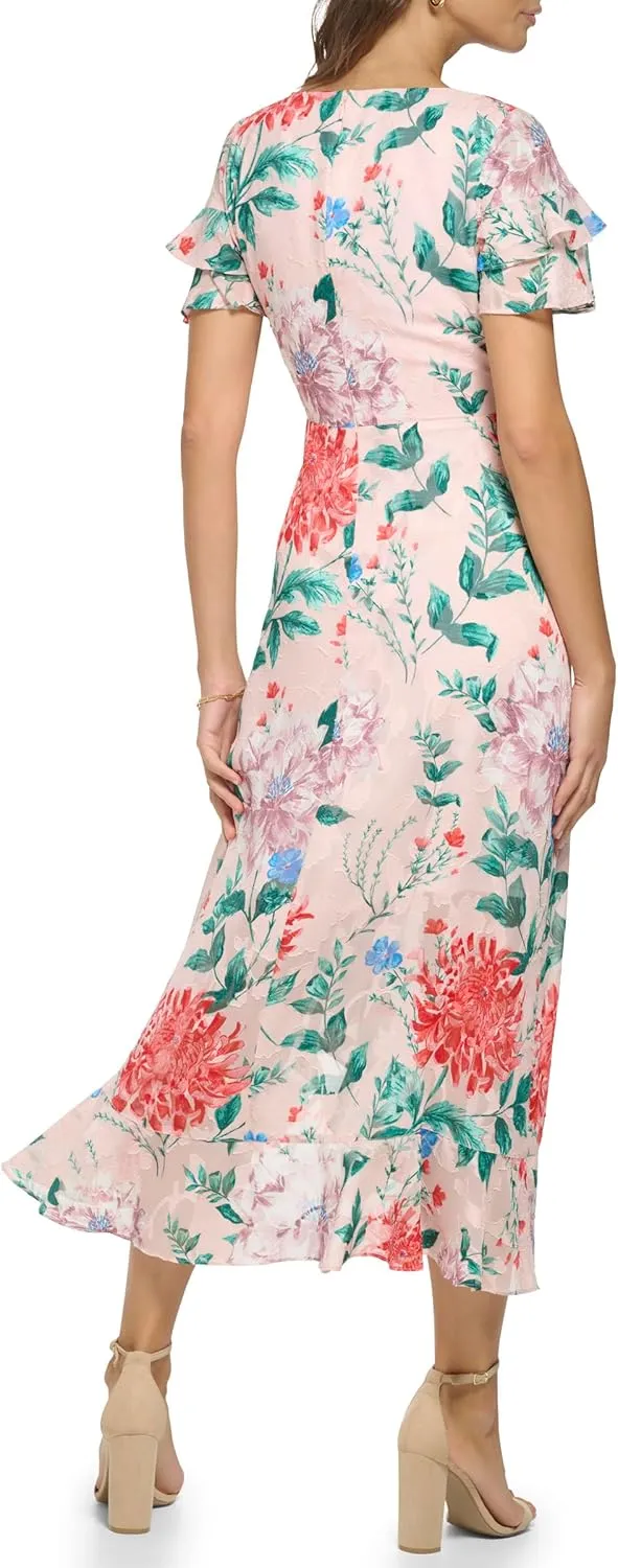 kensie Women's Short Flutter Sleeve Faux Wrap Midi Dress