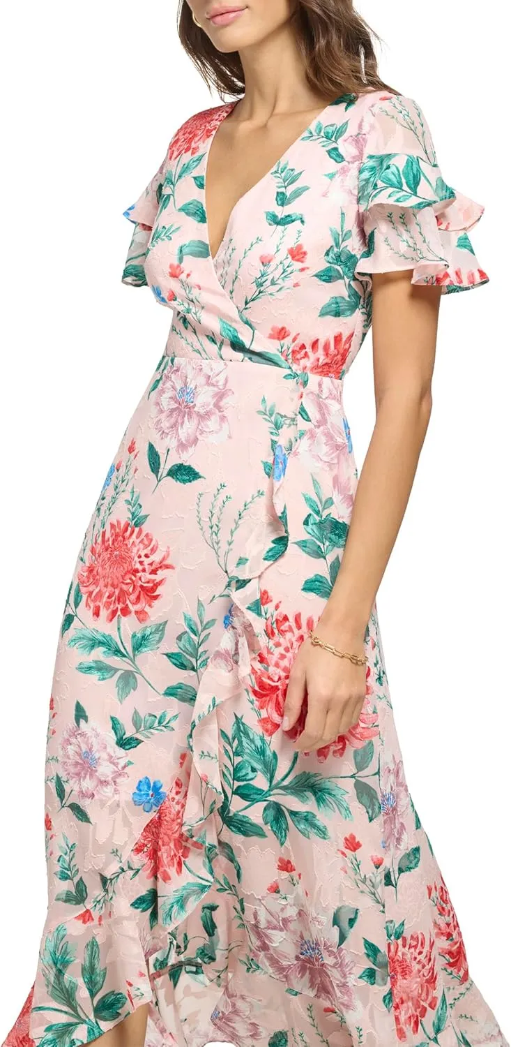 kensie Women's Short Flutter Sleeve Faux Wrap Midi Dress
