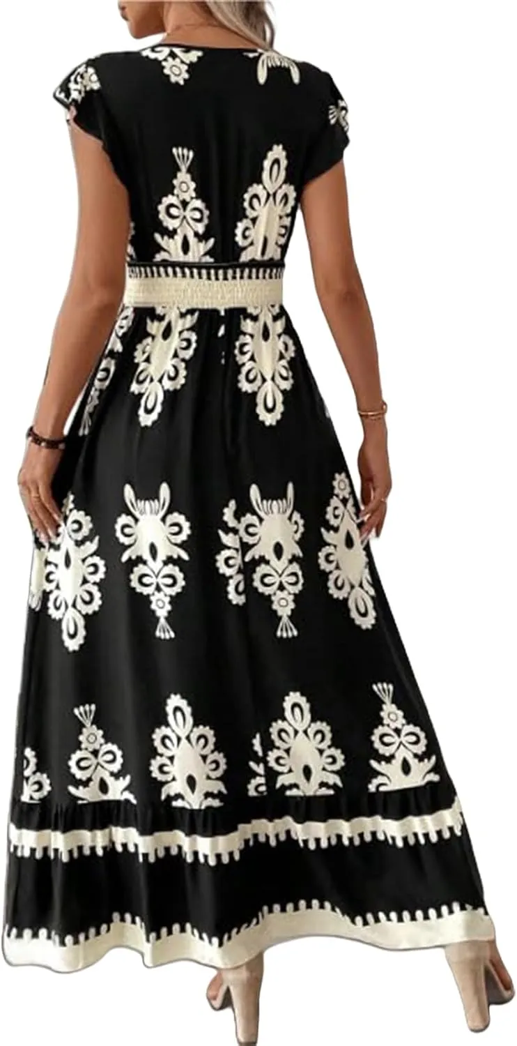 Kubbon Maxi Dresses for Women Short Sleeve V Neck Boho Floral Dress Flowy A Line Tiered Long Dresses Summer Travel Outfits