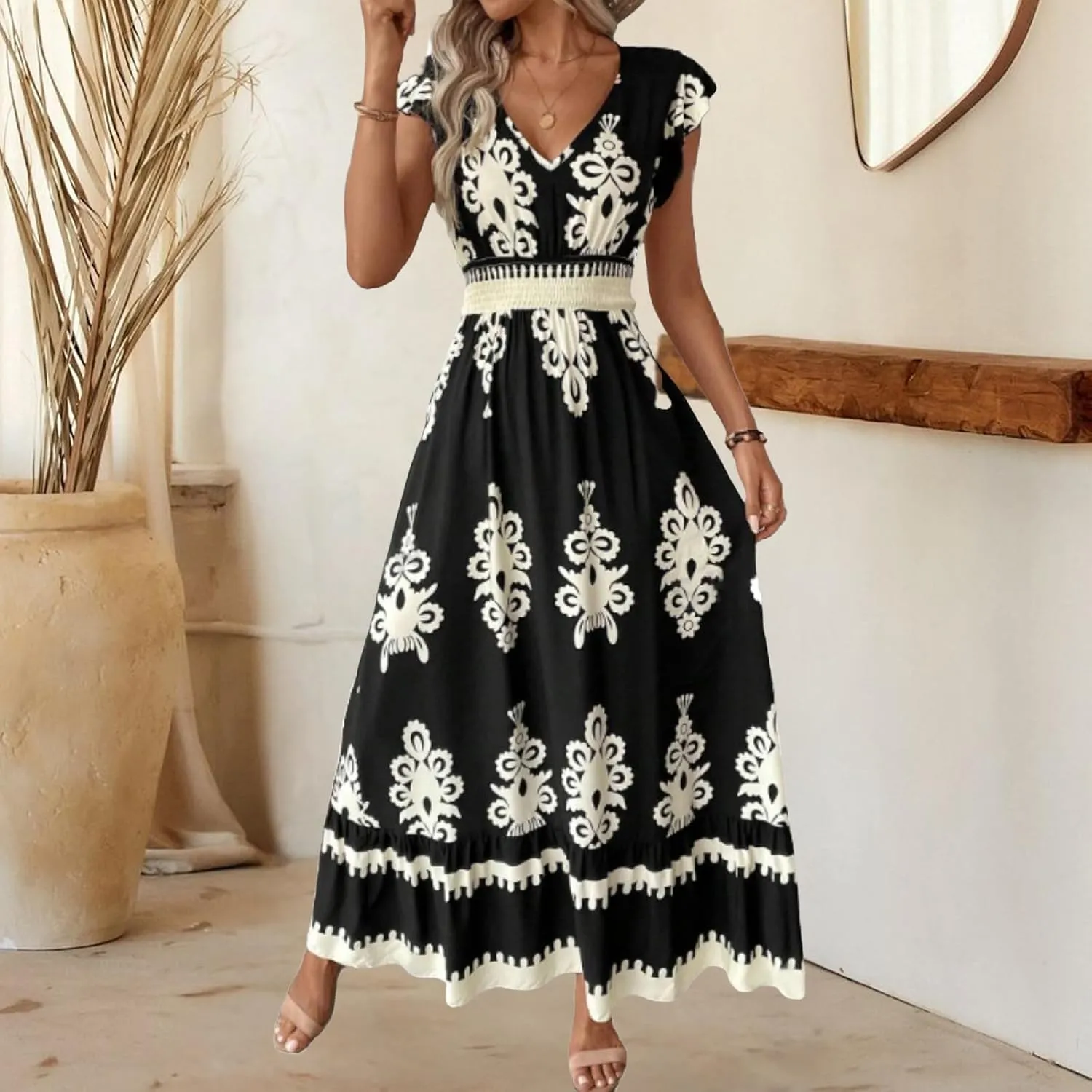 Kubbon Maxi Dresses for Women Short Sleeve V Neck Boho Floral Dress Flowy A Line Tiered Long Dresses Summer Travel Outfits