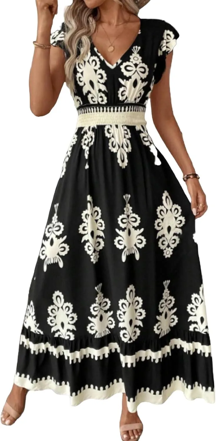 Kubbon Maxi Dresses for Women Short Sleeve V Neck Boho Floral Dress Flowy A Line Tiered Long Dresses Summer Travel Outfits