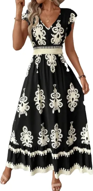 Kubbon Maxi Dresses for Women Short Sleeve V Neck Boho Floral Dress Flowy A Line Tiered Long Dresses Summer Travel Outfits