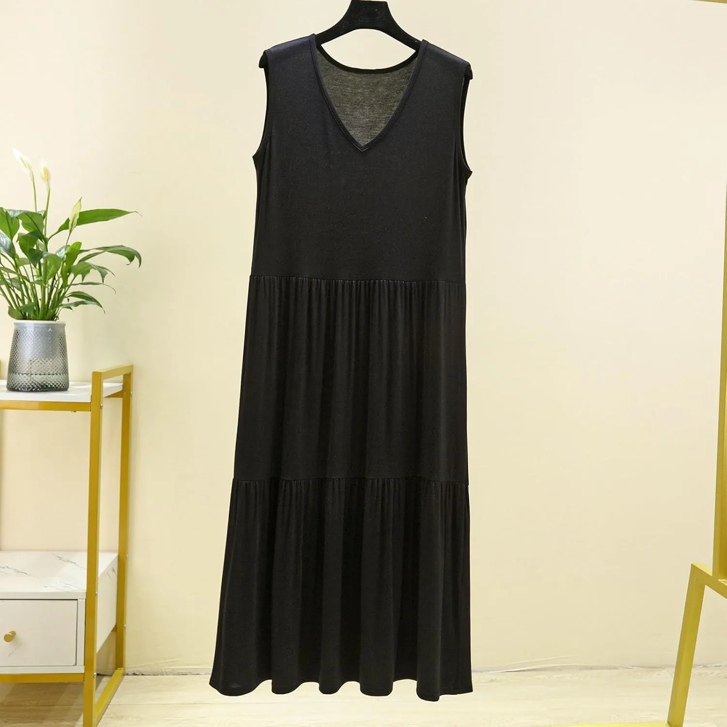 LEMONONSTORE 2025 Fashion Pleated Summer Dresses Women Sleeveless Cotton Linen Maxi Dress Plain V Neck Casual Beach Sundress
