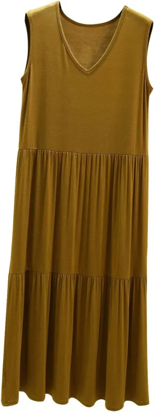 LEMONONSTORE 2025 Fashion Pleated Summer Dresses Women Sleeveless Cotton Linen Maxi Dress Plain V Neck Casual Beach Sundress